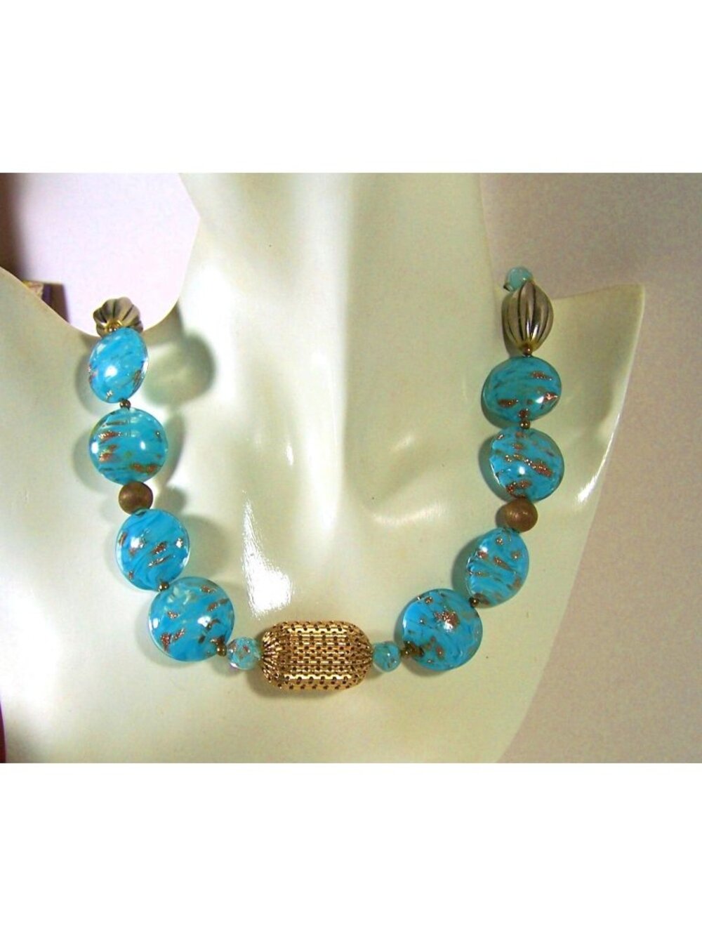 Vintage Blue Aqua Murano Art Glass Bead Necklace With Gold Foil 18” Artisan